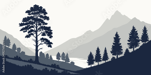 A solitary tree stands tall in a serene mountain landscape at dusk. Vector
