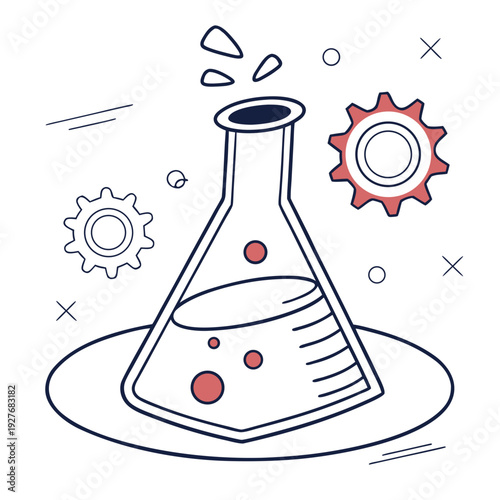 A conical flask with red and white objects around it
