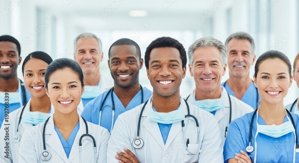 Fototapeta premium Diverse Medical Professionals Smiling in a Bright Hospital Setting.