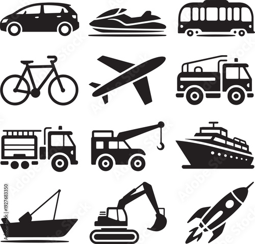 Black silhouette vector icons of transportation vehicles cargo construction and personal travel