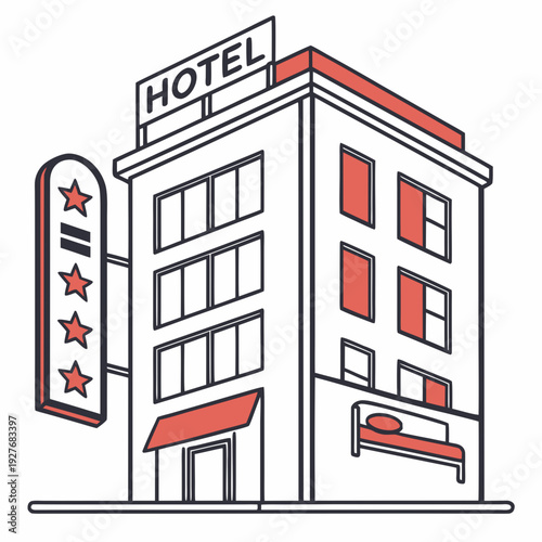 A cartoon drawing of a hotel building with a red and white sign