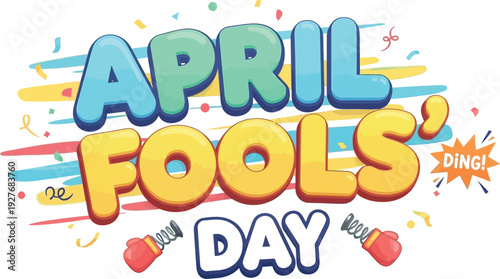Vibrant april fools' day graphic with colorful text and confetti