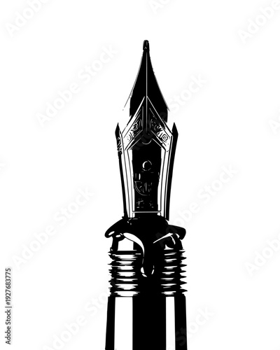 Macro shot of a fountain pen tip with a drop of ink on it, vector graphic