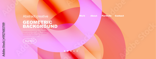 Abstract geometric background. Soft colors blend, creating dynamic visual experience. Website header design with navigation options.