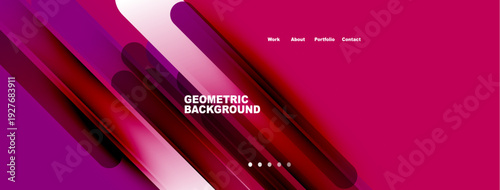 Abstract geometric background. Pink, purple gradients create dynamic visual effect. Text elements present work, about, portfolio, contact.