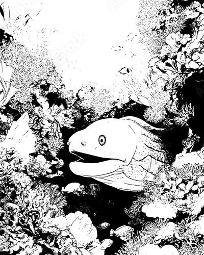 Moray eel peeking out from a hole in a coral reef wall, vector graphic