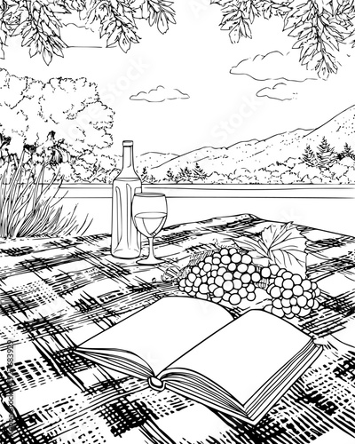 Open book on a picnic blanket with a bunch of fresh grapes area, vector illustration art