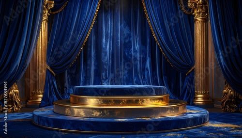 Opulent stage with blue velvet curtains and golden accents for grand performances