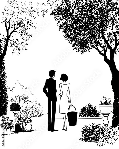 People wearing linen clothes in a sunlit public flower garden, vector illustration art