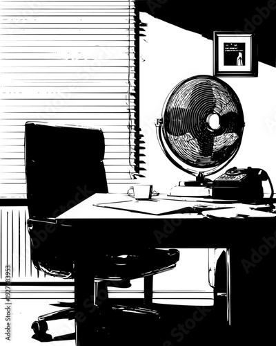 Noir-style office with a rotating fan and heavy shadows on walls, vector graphic