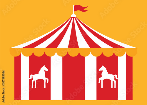 A traditional red and white carnival carousel with a striped tent, flag, and two white horses on a warm orange background.