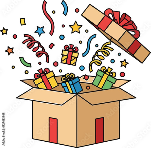 A cardboard box overflowing with colorful confetti and gifts on a white background