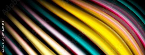 Abstract colorful lines curve, creating dynamic visual effect. Black background emphasizes vibrant hues, offering modern aesthetic.