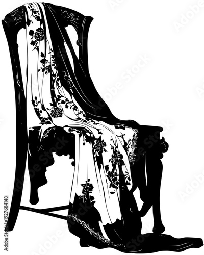 Silk sari with embroidery draped over a carved wooden chair, vector graphic