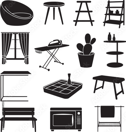 Home utility and decorative furniture icons set featuring iron board microwave and plant pot items