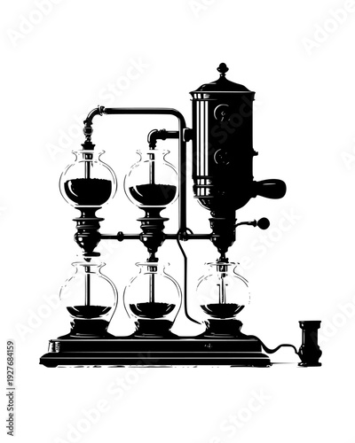 Siphon coffee brewer with a flame and multiple glass globes, vector illustration