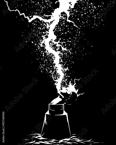 Slow-motion lightning strike hitting a metal spire with sparks, vector illustration