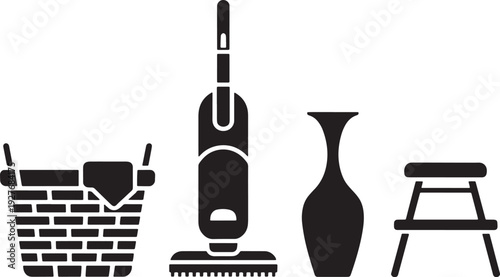 Household objects set with laundry basket, vacuum cleaner, vase, and stool
