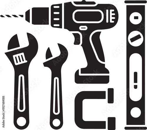 Industrial power drill and hand tools set featuring wrenches level and magnet hardware objects