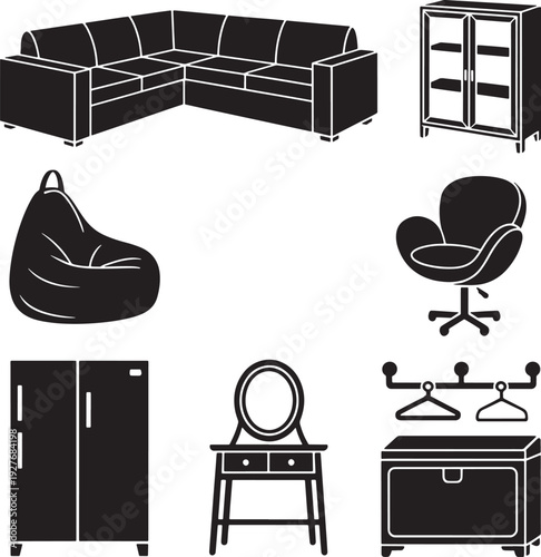 Interior furniture set showing sofa display case bean bag office chair fridge and dressing table