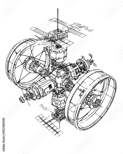 Space station with rotating rings and small glass portholes, vector graphic