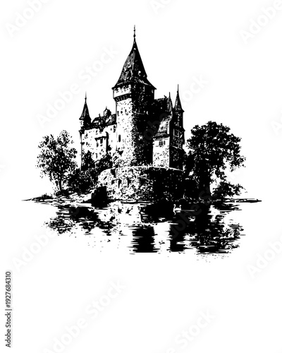 Stone castle with tall turrets and a moat with swans nearby area, vector design
