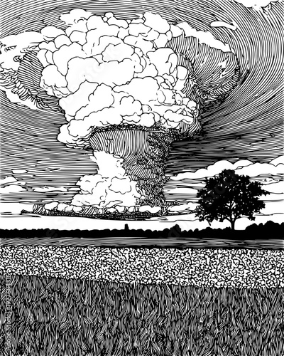 Supercell thunderstorm with a massive rotating wall cloud over a field, vector illustration art