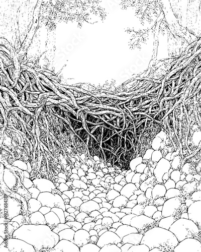 Tangled roots and mossy rocks in a dark swampy forest hollow, vector illustration art