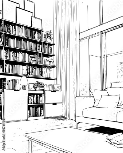Tall bookshelves filled with leather volumes in a private study, vector design