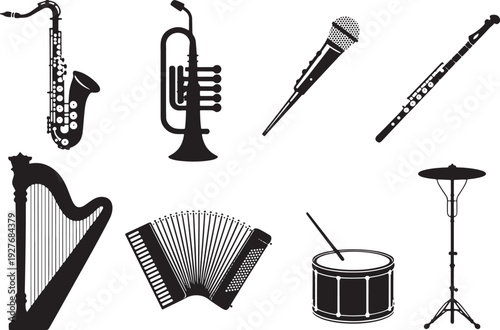 Musical instruments vector icons set on transparent background illustration