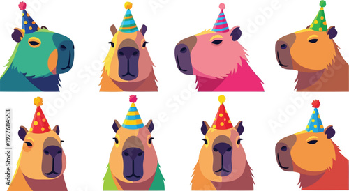 Vibrant geometric capybara heads with party hats