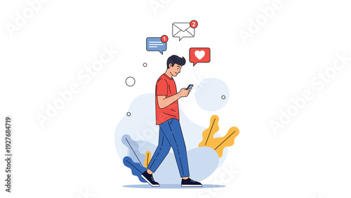 Young man walking and using his smartphone while several social media notification icons float above his head.