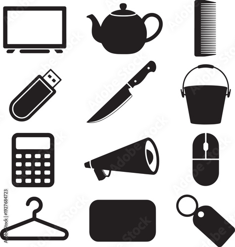 Set of black and white objects including television teapot comb flash drive knife bucket and more