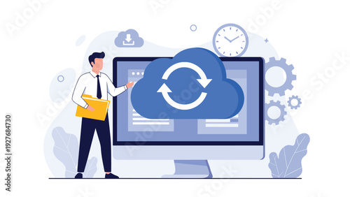 Businessman holding a file folder standing next to a large cloud synchronization icon on a computer screen monitor.