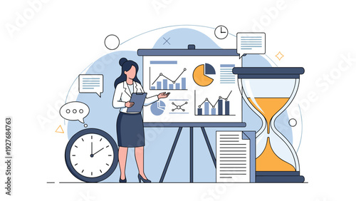 Professional woman giving a data presentation with a large clock and hourglass symbolizing time and deadlines.