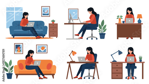 Diverse collection of women working in various comfortable home office settings including sofas and desks with laptops.