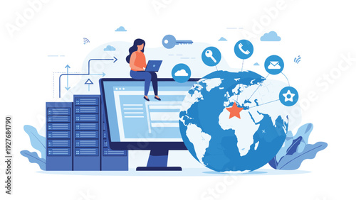 Woman using a laptop while sitting on a computer monitor with a globe and floating technology and digital icons.