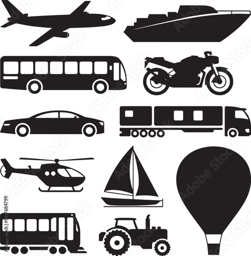 Set of black transportation icons depicting various modern and classic travel vehicles silhouettes
