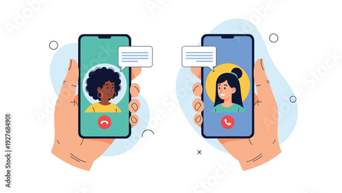 Hands holding two smartphones with video call screens showing diverse women, illustrating modern mobile communication and global connectivity.