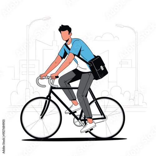 Man Riding Bicycle with Messenger Bag.