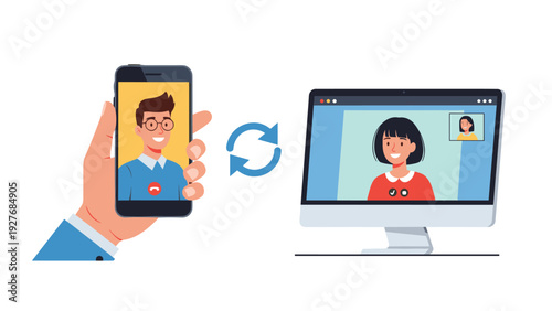 Hand holding a smartphone displaying a video call synced with a desktop computer monitor, showcasing multi-device communication technology.