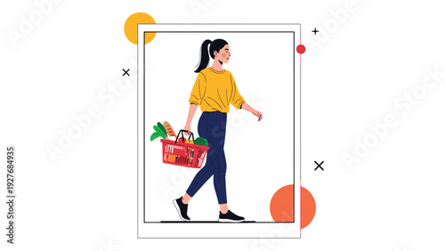 Young woman walking with a red basket full of fresh vegetables and groceries, promoting healthy eating habits and lifestyle choices daily.
