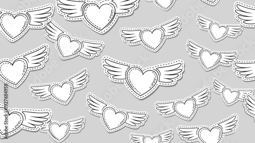 Romantic seamless pattern featuring white heart stickers with wings on a gray background, ideal for Valentine Day and love themed decorations.