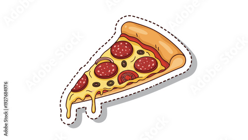 Tasty slice of pepperoni pizza with melted cheese, olives, and tomato on a sticker style illustration with a dashed border for food themes.