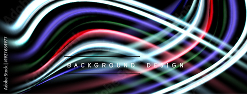 Abstract flowing lines create dynamic background. Vibrant colors blend, forming modern design element. Black space emphasizes bright curves.