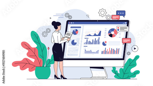 Professional woman analyzing various data charts and financial statistics on a large computer monitor, representing modern business intelligence.