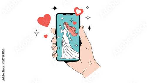 Hand holding a modern smartphone displaying a beautiful bride in a white wedding dress, illustrating online bridal planning or dating apps.