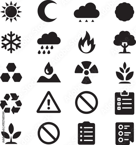 Weather ecology environment and hazard warning icon collection including sun moon cloud fire and recycling