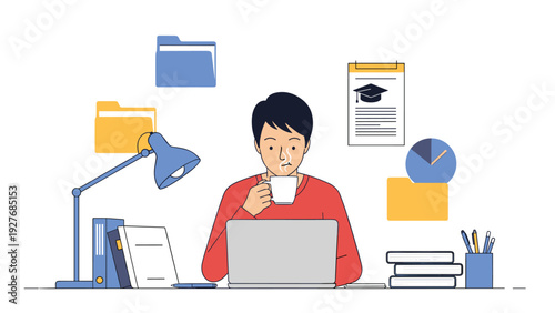 Young man studying or working on a laptop at a desk while drinking coffee, surrounded by education and data management icons in an office.