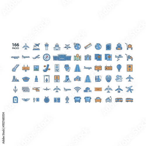 Comprehensive Airport and Aviation Travel Services Flat Icon Set Collection
